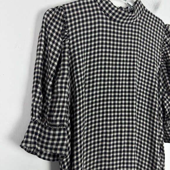 GANNI Gingham Crepe Mini Dress Mock Neck Black White EU Size 38 US Size 6 EUC - Picture 6 of 14